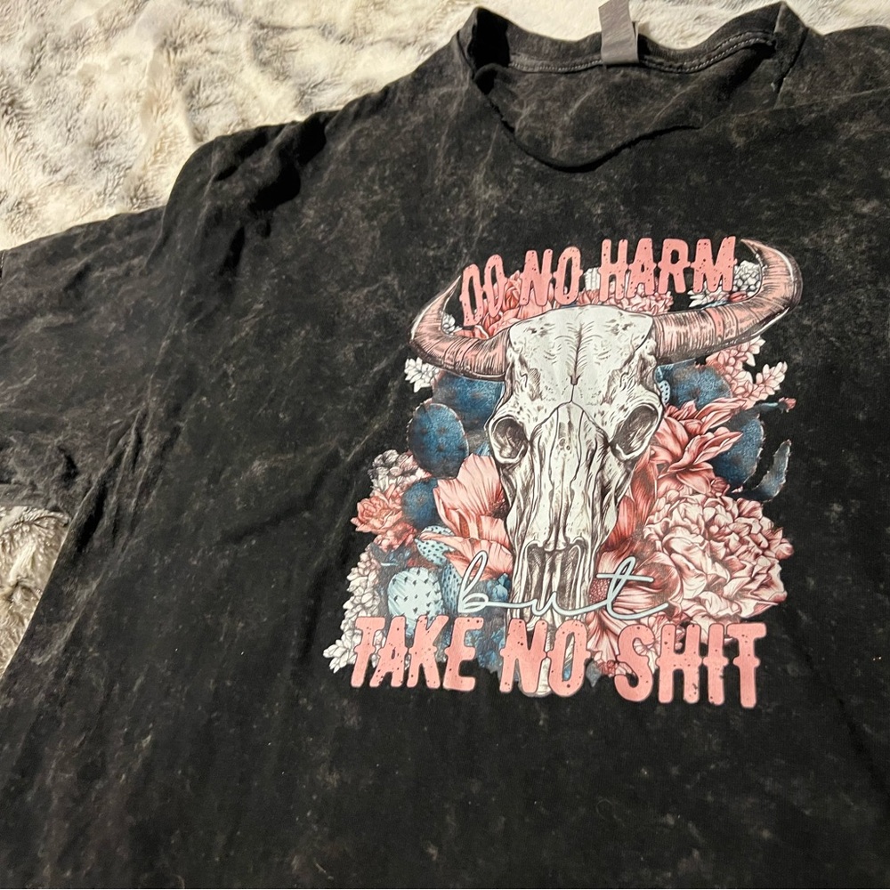 Black Cotton Tee with Skull & Floral Do No Harm Take No Sh!T T Shirt XL - Picture 5 of 7